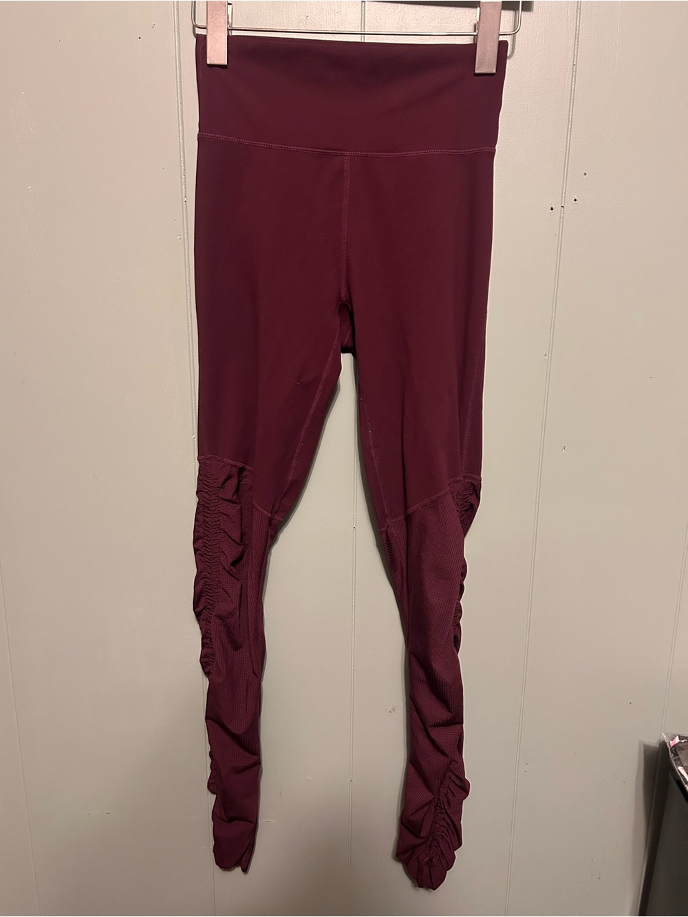 Fabletics Burgundy High-Waist Leggings with Ruched Mesh Panels